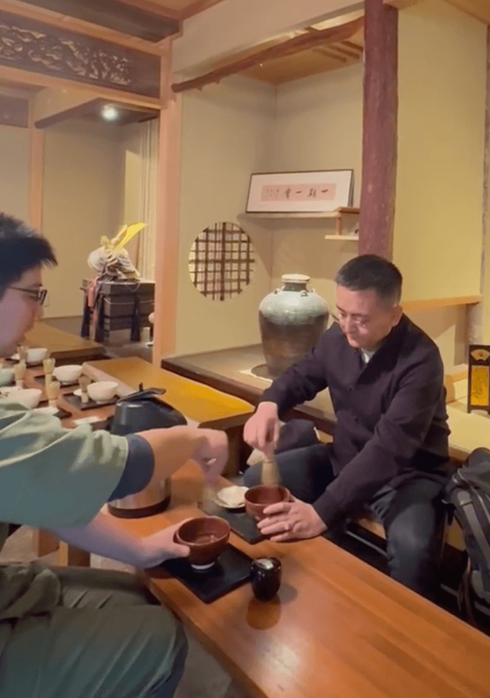 Three grades of matcha in chawan bowls on the tea house counter